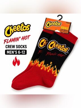 Cheetos Flamin Hot Crew Socks Red Black Graphic Novelty Unisex Men 6-12